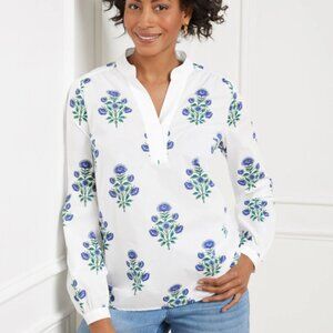 Talbots Woodblock Blooms Popover top-Blouse Size XL